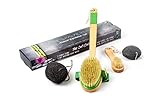 Body Brush for Dry Brushing - Natural Boar Bristle Dry Body Brush With Long Handle - FREE Lava Pumice Stone for Feet and Exfoliating Charcoal Konjac Sponge - Body & Face Brush Set for Skin Exfoliation