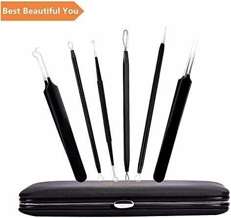 Blackhead Remover Tools Black Acne Removal Kit Whitehead Blemish Pimple Comedone Extractor Popping Tool Zit Removing Tweezers Set 6 in 1 Antibacterial Coating Handle Beauty Skin Care Treatment