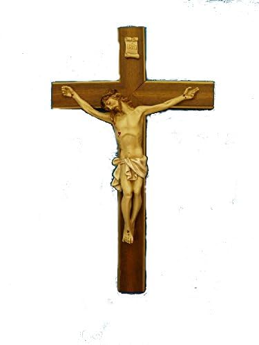 Crucifix with hand-painted alabaster corpus on a wood cross with gold highlights, 20inches. Made in Italy.