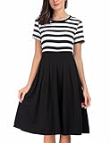AAMILIFE Women's Vintage Stripe Scoop Neck Short Sleeve Swing Dress Black XXL