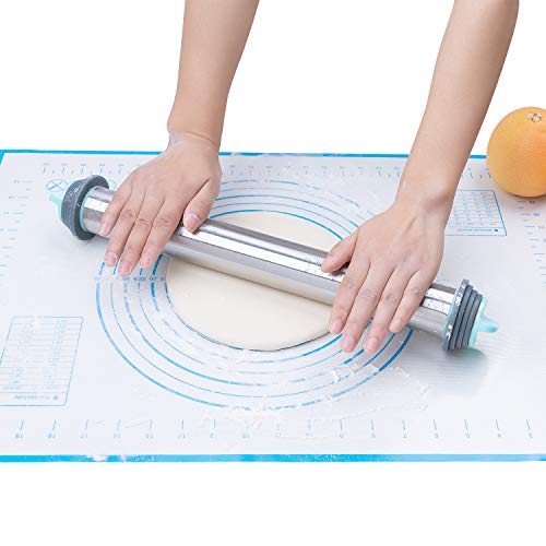 Fondant Rolling Pin and Baking Mat - Stainless Steel Dough Roller with Removable Rings for Perfect Thickness, Great for Making Pizza, Pasta, Cookies Dough, Fondant Cake and More, Easy To Use & Clean - Thumbnail 4