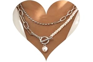 GIFTPRAMD Pearl Chunky Gold Necklaces for Women Trendy Dainty Layered Gold Necklace Stack Baroque Pearl OT Clasp Paperclip Necklace Beaded Ball Chain Necklace for Women Girls