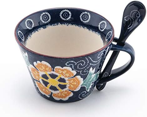 Mira Designs Attractive Ceramic Mug with Matching Spoon 12 fl oz Cup for Coffee Tea Latte Cafe Mocha Hot Cold Beverage (Blue Floral)