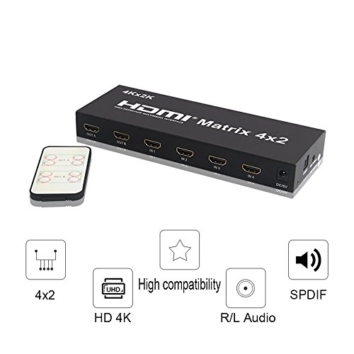 4 x 2 HDMI Matrix Switch, ZAMO 4 in 2 out HDMI HD True Matrix Switcher/Splitter, with SPDIF and L/R 3.5mm HDMI Audio Extractor, Supporting 4K/3D/1080P with IR Remote - Thumbnail 5
