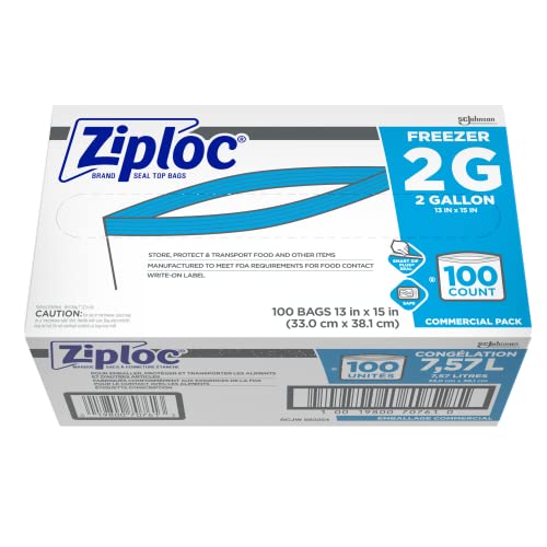 SC JOHNSON PROFESSIONAL ZIPLOC PROFESSIONAL FREEZER BAGS, FOR FOOD ORGANIZATION AND STORAGE, DOUBLE ZIPPER, 2 GALLON, 100 COUNT