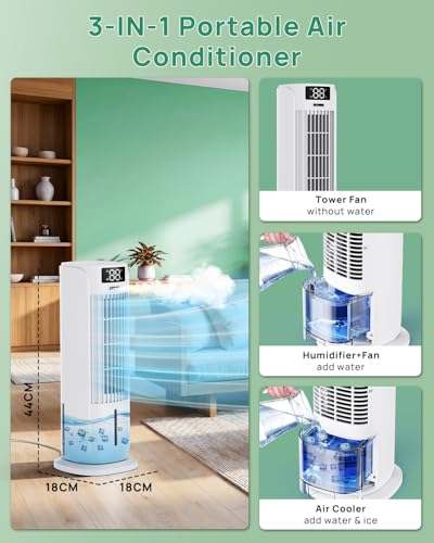Portable Air Conditioner, 90° Auto Oscillation, 6 Speeds & 2 Cool Mist, 3 IN 1 Air Cooler, 800ML Water Tank, 12H Timer, 5M Remote Control, Quiet Cooling Tower Fan Air Conditioner for Room Office