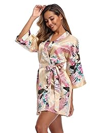 WitBuy   para mujer de seda floral kimono Satén Damas de Honor y novia albornoz corto albornoz de pavo real para fiesta de boda