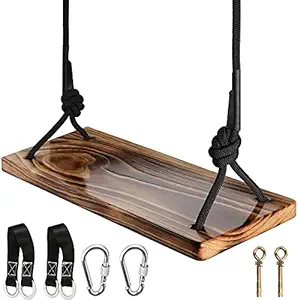 Tree Swing Seat,ATFWEL Carbonized Hanging Swing Seat with Adjustable Rope for Adult Kids Garden,Yard,Indoor,Outdoor Durable Wooden Swing Can Withstand 440LB (17.7x7.9x1.0 inch)