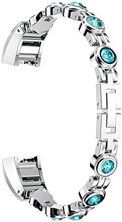 Jewelry Bands Compatible Fitbit Alta HR Watch,Fitness Wristband with Diamonds Strap Bracelet Smart Watch Stainless Steel Adjustable Replacement Band for Fitbit Alta/Fitbit Alta HR (Silver Blue)