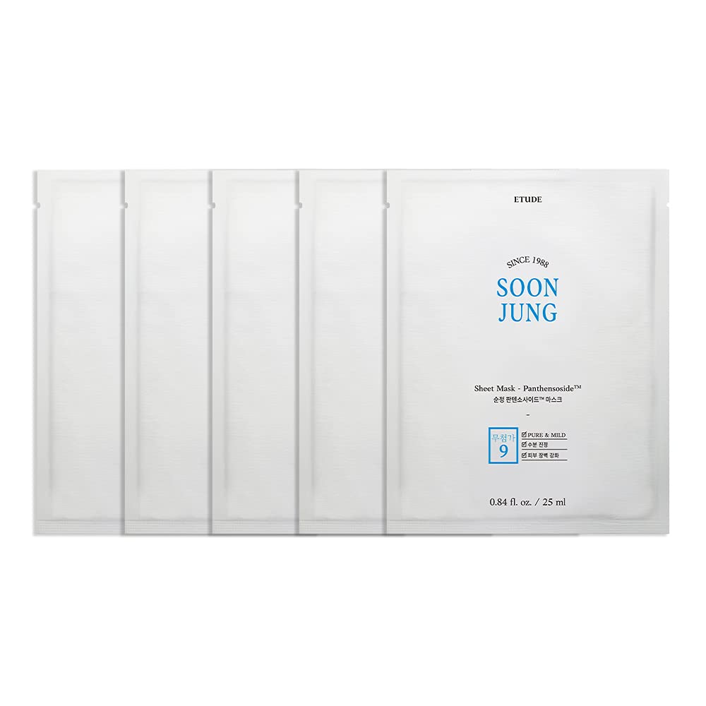 Etude House Soonjung Sheet Mask Panthensoside [5 pcs SET] (21AD); Hydrating and Soothing Facial Sheet Mask for a Skin SOS Solution