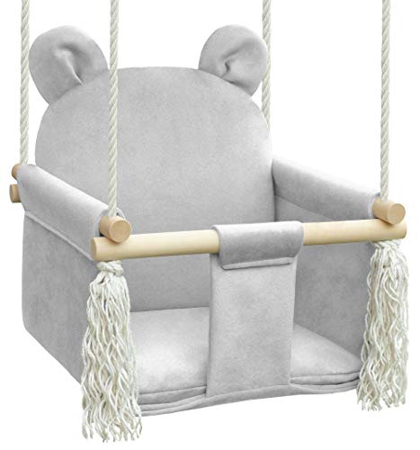NATILU® Babyschaukel Set mit Sicherheitsgurt Haken Ringe Bär Light Grey | Schaukel Baby Indoor Outdoor | Kinderschaukel…