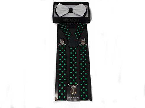 White with Black Accent Bow Tie and Freen Polkadot Suspender