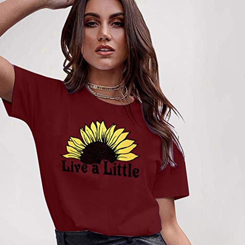 Womens T Shirt Live a Little Letter Print Short Sleeve Blouse Sunflower Funny Graphic Tee Tops Red