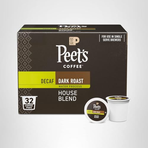 PEET’S COFFEE, DARK ROAST DECAF SINGLE SERVE COFFEE PODS – DECAF HOUSE BLEND 32 COUNT (1 BOX OF 32 PODS)