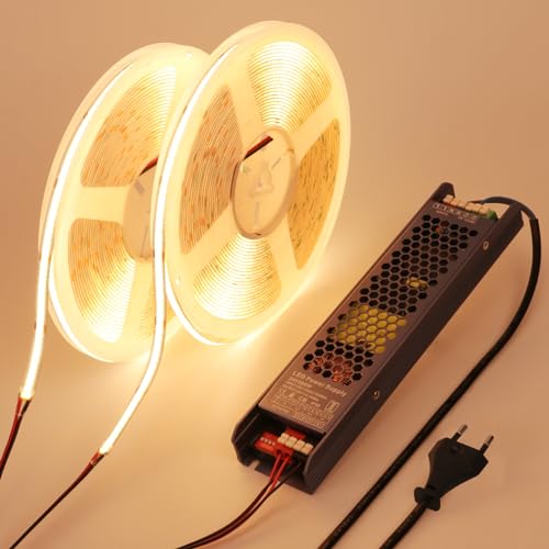 BENLUN 24V COB LED Strip 20M (10M x 2), 3000K Warm White 312LEDs/M CRI 93, Flexible Self-adhesive LED Strip with Power Supply, LED Strips for Bedroom, Home Decoration