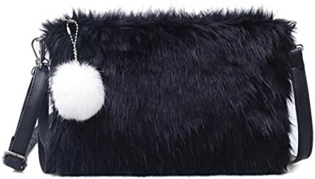 BeeChamp Women Faux Fur Black Envelope Clutch Fluffy Crossbody Shoulder Bag Evening Handbag Purse