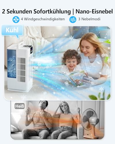 Aiorber Mobile Air Conditioning Mini Air Cooler: Fan with Water Cooling 2000 ml Water Tank 120° Oscillation, 4 Wind Levels, LED, Timer Remote Control Air Conditioner without Exhaust Hose for Home and