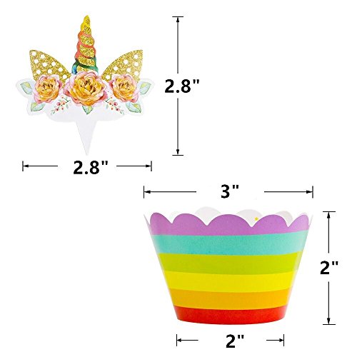 Floette Unicorn Cupcake Toppers and Wrappers, Double-Sided Printing, Kids Children Party Cake Decorations, Birthday Party Supplies (Set of 24)