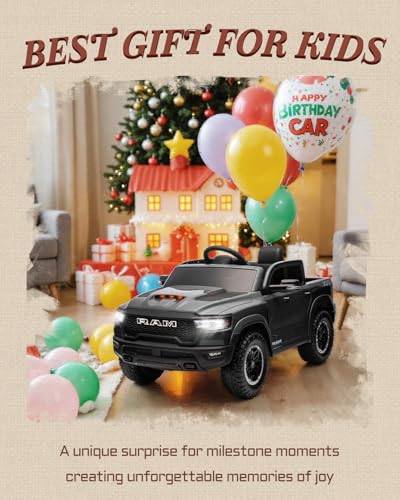 First Ride On 12v Licensed Ram 1500 Rho Kids Ride on Car, Ride on Toys w/Parent Remote Control, Electric Car for Kids with Smooth Start, Truck Bed Storage, 3 Point Safety Belt, Bluetooth(Black)