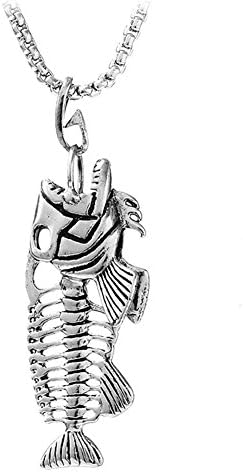 Mens Fish Bone Fishbone Stainless Steel Punk Pendant Necklace (Silver)