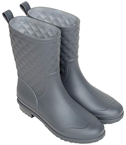 Litfun Womens Black Mid Calf Rain Boots Outdoor Work Waterproof Garden Booties Wide Calf Rain Shoes