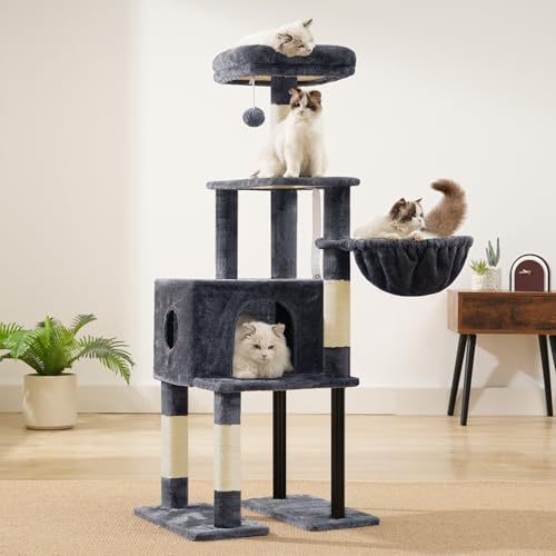 Kratzbaum, 125 cm Kleiner Katzenbaum, Geräumiges und Bequemes Kratzbaum mit Höhle, Oben Sitzstange, Sprungplattform, Kratzsäule, Korb, Stabile Metallrohre, Rauchgrau HCT200SG