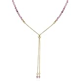 ColouredRocks PINK TOURMALINE Necklace, Slider Y Necklace, Gemstone Beads Trendy Choker Necklace, Daily Wear Women Jewelry, Birthday, Gold Plated Brass 18 inch