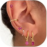 FIRSAUKI Earring Sets for Multiple Piercing Small Gold Earring Stack 14K Gold/Silver Plated Huggie Hoop Earrings for Women Hypoallergenic Cartilage Stud Gold and Green Earring Set