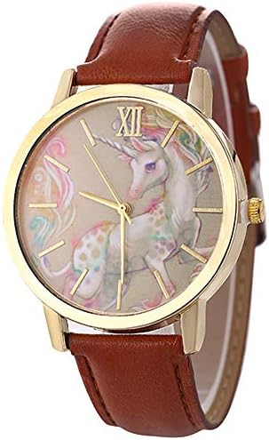 HomimArtificial Leather Strap Simple Dial Quartz Watch Cartoon Colorful Unicorn Print for Teen Students