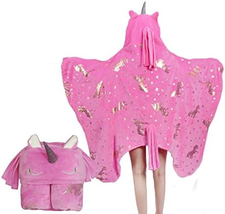 Unicorn Hooded Blanket for Kids, Toddler Wearable Animal Snuggie Throw, Soft Flannel Fleece Fabric, Gold Foil Printing, Fit 3-12 Years Old, 45”×57”