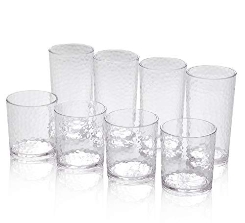 14-ounce and 20-ounce Acrylic Glasses Plastic Tumbler, set of 8 Clear - Hammered Style, Dishwasher Safe, BPA Free
