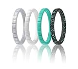 ROQ Silicone Wedding Ring for Women, Set of 4 Thin Stackable Silicone Rubber Wedding Bands Lines - Turquoise, White, Black with Turquoise Glitter, Silver - Size 7