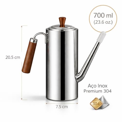 Bule de Inox 304 Premium Bico Fino Filtro e Cabo de Madeira Sofisticado para Café e Chá Gourmet (700, Millilitros)
