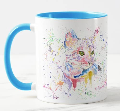 Vixar Cat Kitten Feline Pet Watercolour Rainbow Art Coloured Mug Cup Gift Birthday Work Office Christmas Tea Coffee (L. Blue)