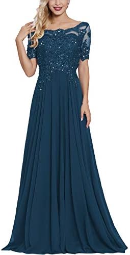 Lace Applique Beaded Mother of The Bride Dresses Long with Sleeves Bateau Neck Maxi Formal Evening Gown