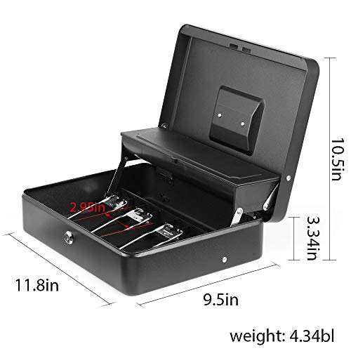 INFUN Cash Box with Money Tray and Lock, Durable Large Steel Money Boxes for Adults, Black Petty Cash Box (Cash Box with Coin lid)
