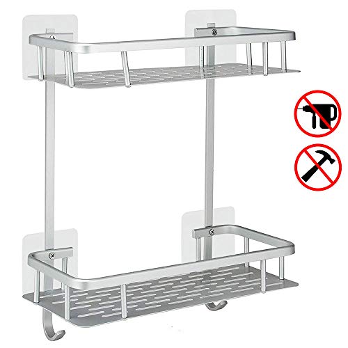 Bathroom Corner Shower Caddy Shelves No Drilling Shelf Kitchen Storage Basket Holder Organizer Aluminum 2 Tiers Adhesive Suction for Shampoo