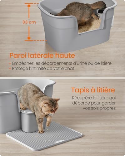 Bac à Litière pour Foyers Multi-Chats, Litière Extra Large avec Paroi Latérale, avec Un Tapis de Litière, Boîte de Rangement, Pelle, pour Grand Chat, Gris Tourterelle PPT003G01