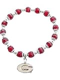 Georgia Bulldogs UGA Red Glass Beaded Stretch Bracelet G Logo Silver Plated Charm Jewelry