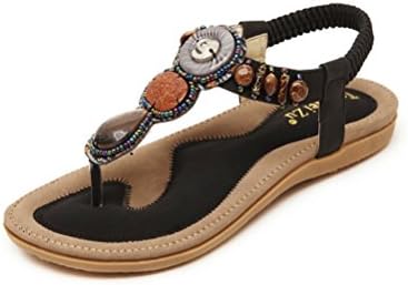 Jazlyn Women's Bohemian Beads Gemstone Rubber Thong Flat Sandals (US11, Black)