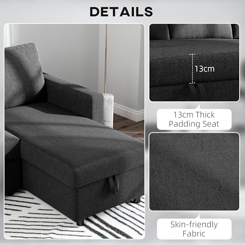 HOMCOM Convertible Corner Sofa Bed, 83" Pull Out Sleeper Sofa with Chaise Storage, L-Shaped Sectional Futon Couch with 3 Removable Back Cushions for Living Room, Apartment, Black