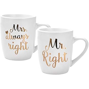 Mr Right Mrs Always Right Coffee Mugs Couple Mug Wedding Gift for Bride and Groom Engagement Anniversary Gift Thanksgiving Christmas Birthday Gifts for Couple Lover Printing with Gold 2 Pack 12Oz