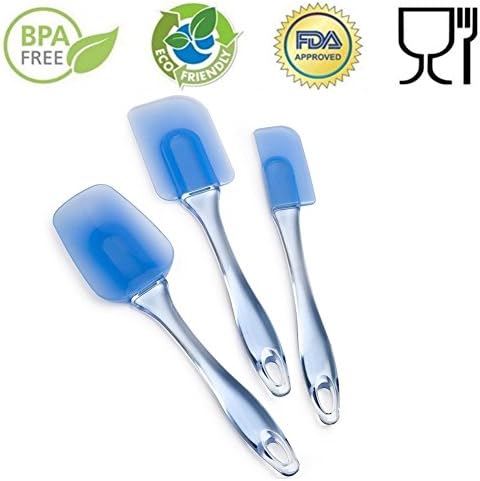 3 Pack Blue Square Scraper Set Silicone Spatulas Heat Resistant, Non-Stick, Crystal-like Plastic Handles with Different Shapes Mixing Spatula For Icing, Basting, Scraping