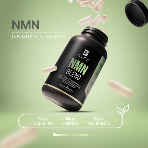 NMN Blend. Precursor de NAD. 180 Cápsulas. 1000 mg por Porción. Trans-Resveratrol, Vitamina C, Citrato de Magnesio y Vitamina B3. NMN Blend B Life.