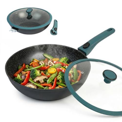 Ravon Nonstick Wok Pan with Glass Lid and Detachable Handle, 12.4in