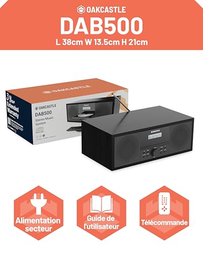 Bluetooth Dab+ Radio and CD Player | 60W Stereo System for Home | Built-in Speakers, LED Display | Dual Alarm, 20 Presets and FM | USB, MP3, AUX | Remote Control | OAKCASTLE DAB500
