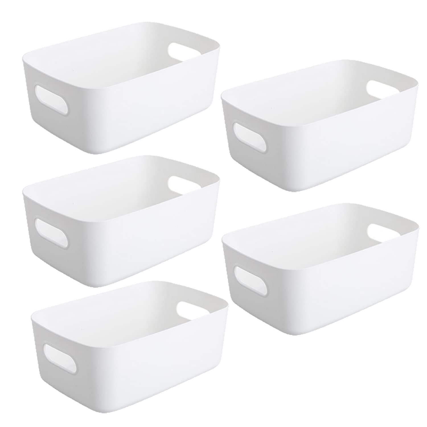 Dproptel Direct 5 Packs Plastic Storage Baskets with Handle – Rectangular Organiser Storage Basket Storage Boxes for Kitchen, Cupboard, Office, School and Home (White)