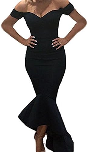 Ebbizt Womens Amazon Sexy Off The Shoulder Ruffle V Neck High Low Bodycon Prom Cocktail Mermaid Maxi Long Dress Black Small