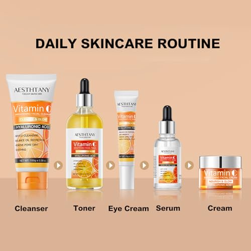 Vitamin C Skin Care Set For Women , 5-In-1 Moisturizing Hyaluronic Acid Skin Care Routine with Facial Cleanser, Serum, Face Cream, Eye Cream, Toner