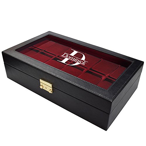 Ikee Design Personalized Watch Case, Custom Engraved Black Leatherette Watch Box For 12 Watches With Lock